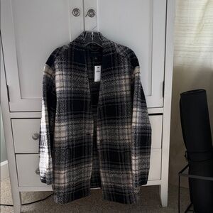 Banana Republic Black and Cream Plaid Boucle Knit Coat NWT XL